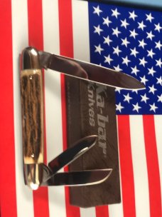 Ka-Bar ka bar (Belpre Ohio) Rhett Stidhams Dog Head Whittler -Great Stag Handles & Blade Etch -NOS