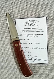 Birdvis Unique Spear Hitchcock Knife, 4", Westy Micarta coa,box,slip Nick called it a Proto 