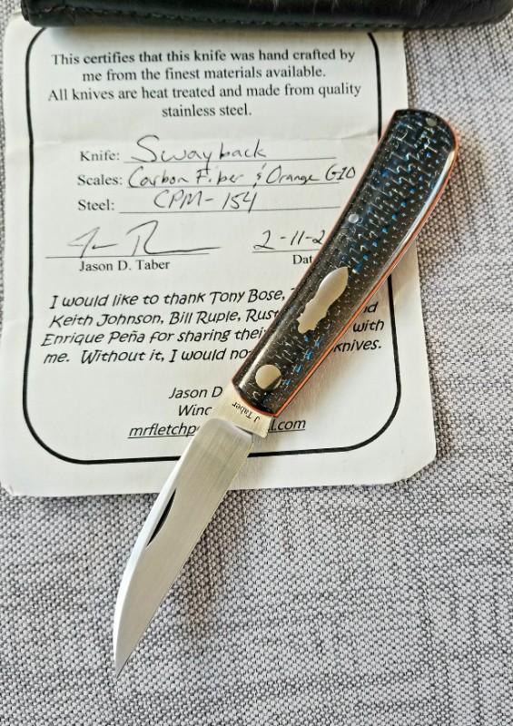 J Taber Lightning Strike Carbon Fiber Sway Back,3 5/8" closed ,Cpm-154, pouch & makers card