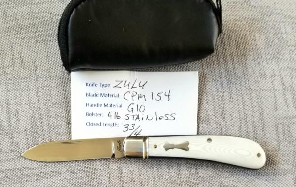 Bobby Toole Custom Shadow Zulu,W/coa & pouch, 3.75",Cpm-154,white Linen Micarta w/purple liners