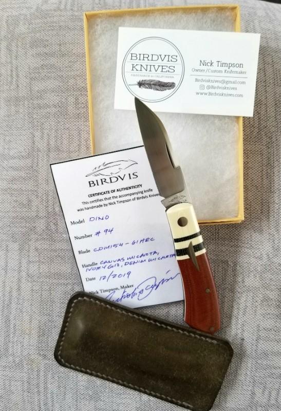 Birdvis Custom Dino Knife,NEW,W/SLIP, Crosscut Ivory Micarta, 3.625",Cpm-154, coa & box Birdvis Custom Dino Knife,NEW,W/SLIP, Crosscut Ivory Micarta, 3.625",Cpm-154, coa & box