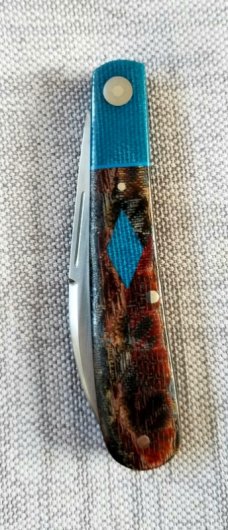 KROO Custom Sway Back Knife, RWL34, 3.92"NEW W/ slip & coa,New Blanket micarta and blue linen