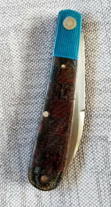 KROO Custom Sway Back Knife, RWL34, 3.92"NEW W/ slip & coa,New Blanket micarta and blue linen