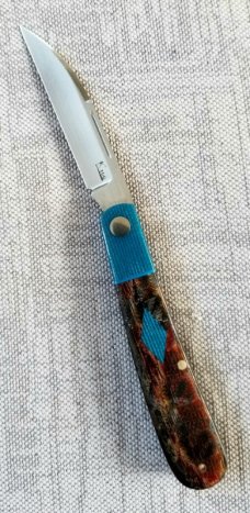 KROO Custom Sway Back Knife, RWL34, 3.92"NEW W/ slip & coa,New Blanket micarta and blue linen