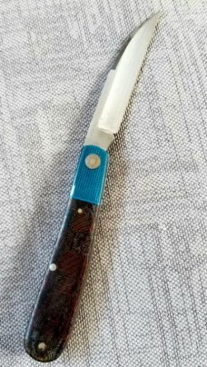 KROO Custom Sway Back Knife, RWL34, 3.92"NEW W/ slip & coa,New Blanket micarta and blue linen