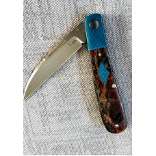 KROO Custom Sway Back Knife, RWL34, 3.92"NEW W/ slip & coa,New Blanket micarta and blue linen