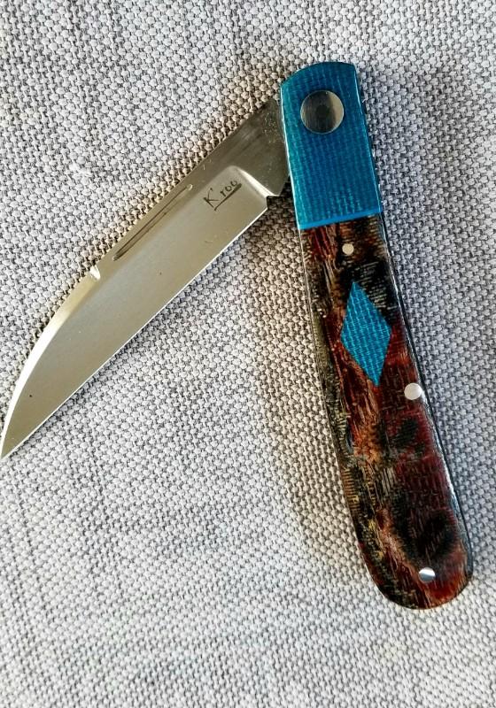 KROO Custom Sway Back Knife, RWL34, 3.92"NEW W/ slip & coa,New Blanket micarta and blue linen