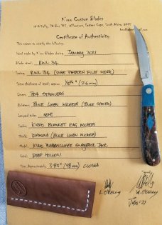 KROO Custom Sway Back Knife, RWL34, 3.92"NEW W/ slip & coa,New Blanket micarta and blue linen