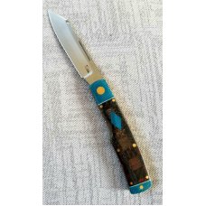 KROO Custom Native Knife, RWL34, 3.92"NEW W/ slip & coa,New Blanket micarta and blue linen