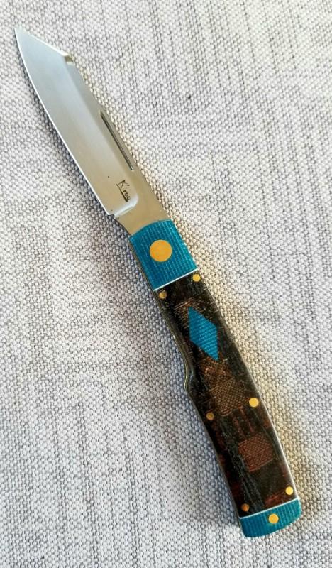 KROO Custom Native Knife, RWL34, 3.92"NEW W/ slip & coa,New Blanket micarta and blue linen