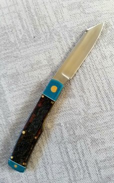 KROO Custom Native Knife, RWL34, 3.92"NEW W/ slip & coa,New Blanket micarta and blue linen