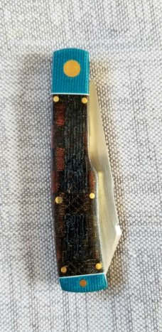 KROO Custom Native Knife, RWL34, 3.92"NEW W/ slip & coa,New Blanket micarta and blue linen