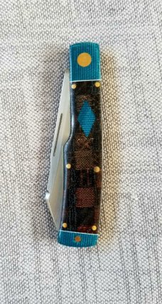 KROO Custom Native Knife, RWL34, 3.92"NEW W/ slip & coa,New Blanket micarta and blue linen