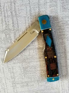 KROO Custom Native Knife, RWL34, 3.92"NEW W/ slip & coa,New Blanket micarta and blue linen
