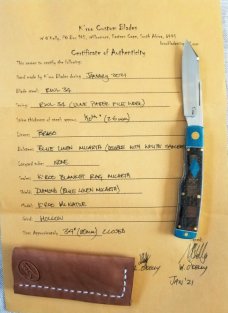 KROO Custom Native Knife, RWL34, 3.92"NEW W/ slip & coa,New Blanket micarta and blue linen