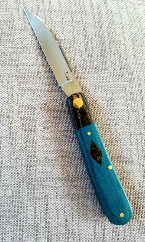 KROO Custom Sway Back Knife, copper brassRW34, 3.92"NEW W/ slip & coa,New Blanket micarta blue linen KROO Custom Sway Back Knife, copper brassRW34, 3.92"NEW W/ slip & coa,New Blanket micarta blue linen