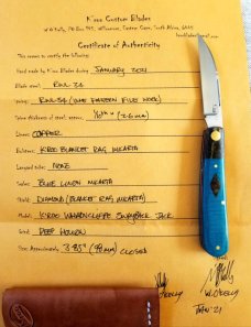 KROO Custom Sway Back Knife, copper brassRW34, 3.92"NEW W/ slip & coa,New Blanket micarta blue linen