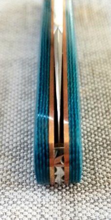 KROO Custom Sway Back Knife, copper brassRW34, 3.92"NEW W/ slip & coa,New Blanket micarta blue linen