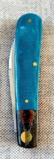 KROO Custom Sway Back Knife, copper brassRW34, 3.92"NEW W/ slip & coa,New Blanket micarta blue linen