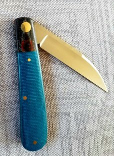 KROO Custom Sway Back Knife, copper brassRW34, 3.92"NEW W/ slip & coa,New Blanket micarta blue linen