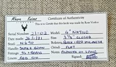 Mhara Custom Native Knife,N690,3 7/8 Ultralight.. slip & coa& box,Snakebean..Micarta..filework&brass