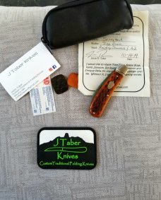J Taber Jigged Bone and Damascus Sway Back,3 5/8" closed , Acorn, shield pouch & makers card