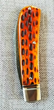 J Taber Jigged Bone and Damascus Sway Back,3 5/8" closed , Acorn, shield pouch & makers card
