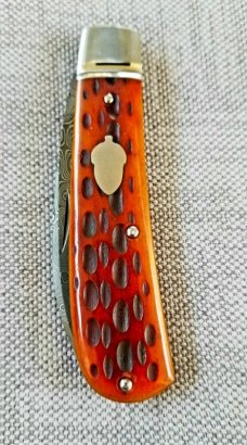 J Taber Jigged Bone and Damascus Sway Back,3 5/8" closed , Acorn, shield pouch & makers card