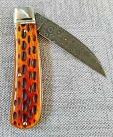 J Taber Jigged Bone and Damascus Sway Back,3 5/8" closed , Acorn, shield pouch & makers card