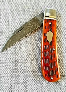 J Taber Jigged Bone and Damascus Sway Back,3 5/8" closed , Acorn, shield pouch & makers card