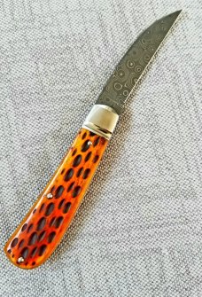 J Taber Jigged Bone and Damascus Sway Back,3 5/8" closed , Acorn, shield pouch & makers card