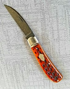 J Taber Jigged Bone and Damascus Sway Back,3 5/8" closed , Acorn, shield pouch & makers card