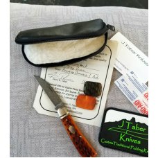 J Taber Jigged Bone and Damascus Sway Back,3 5/8" closed , Acorn, shield pouch & makers card