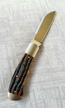MITCHELL Custom Cured Amber Stag Dino Knife,cpm154, 4" clsd,New,4 steel bolsters and natural covers!