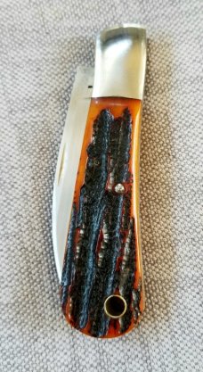 Jeff Pearce Custom Jigged Stag Bone Swayback Knife, New, Nitro V,4" closed coa pouch,Great Build 