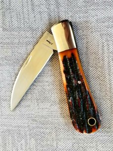 Jeff Pearce Custom Jigged Stag Bone Swayback Knife, New, Nitro V,4" closed coa pouch,Great Build 