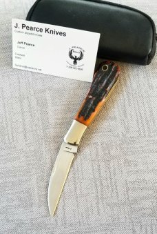 Jeff Pearce Custom Jigged Stag Bone Swayback Knife, New, Nitro V,4" closed coa pouch,Great Build 