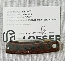 Jared Oeser Native Knife,Python Micarta and G-10, CPM-154, 3 5/8" closed,coa, spine of blade tapers