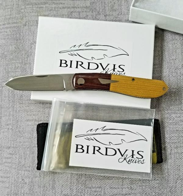 Birdvis Unique Spear Dogleg Knife, 4", Contrasting Micarta box,no coa I can't find it,its on Instag 