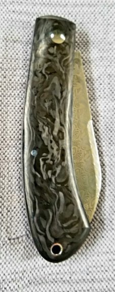 Tom Ploppert Custom Dino Knife, card/pouch,4.25" Damasteel.Fat Carbon. Bushings