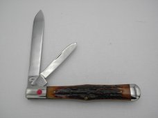 Queen Cutlery 5 3/8" slim coke bottle, carved amber stag bone handles: 2009,