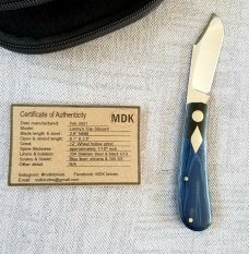Michael du Pleesis Mini Lanny Clip,3.5" blue linen and black micarta and N690,coa pouch, dble shield