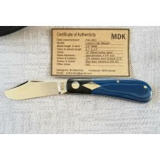 Michael du Pleesis Mini Lanny Clip,3.5" blue linen and black micarta and N690,coa pouch, dble shield