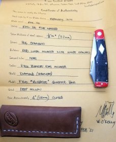 K'roo Custom Micarta Native Knife, NEW,W/ slip, 4" closed Red and black micarta with filework 