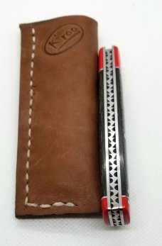 K'roo Custom Micarta Native Knife, NEW,W/ slip, 4" closed Red and black micarta with filework 