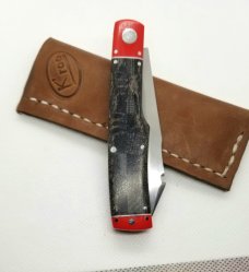 K'roo Custom Micarta Native Knife, NEW,W/ slip, 4" closed Red and black micarta with filework 