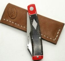 K'roo Custom Micarta Native Knife, NEW,W/ slip, 4" closed Red and black micarta with filework 