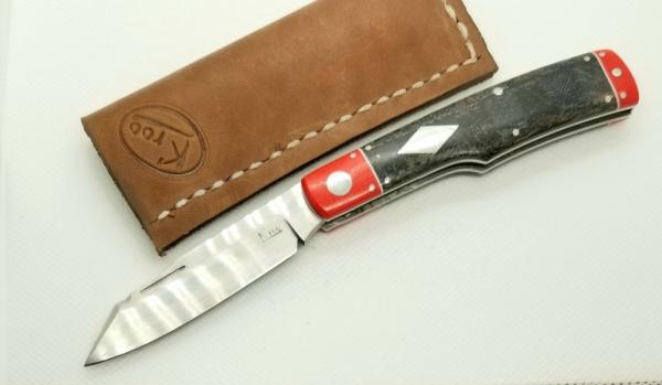 K'roo Custom Micarta Native Knife, NEW,W/ slip, 4" closed Red and black micarta with filework 