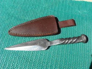 Solid Strong Hand Forged Custom Rail Road Spike Dagger / Fixed Blade knife. W/ Leather Sheath.