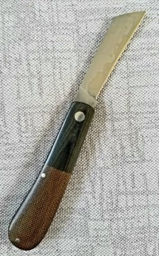 LaRock Custom Sway back Knife, Burlap Micarta, black Bolsters and Hamon, W2, 4"